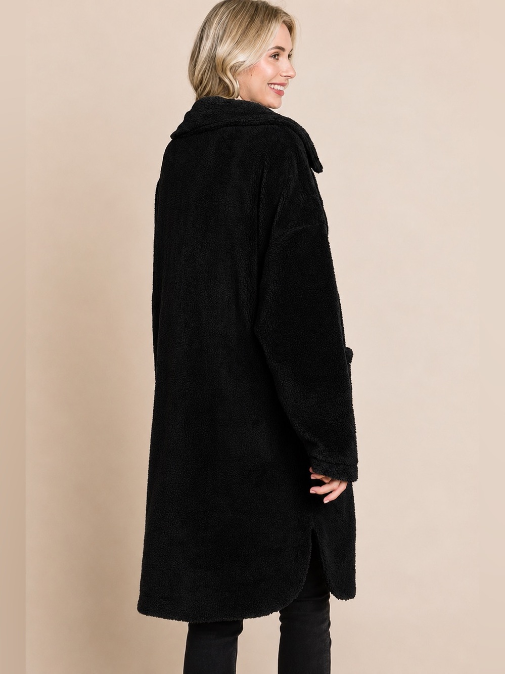 Cozy Black Teddy Coat with Shawl Collar - Oversized Women's Jacket - Picture 3 of 3